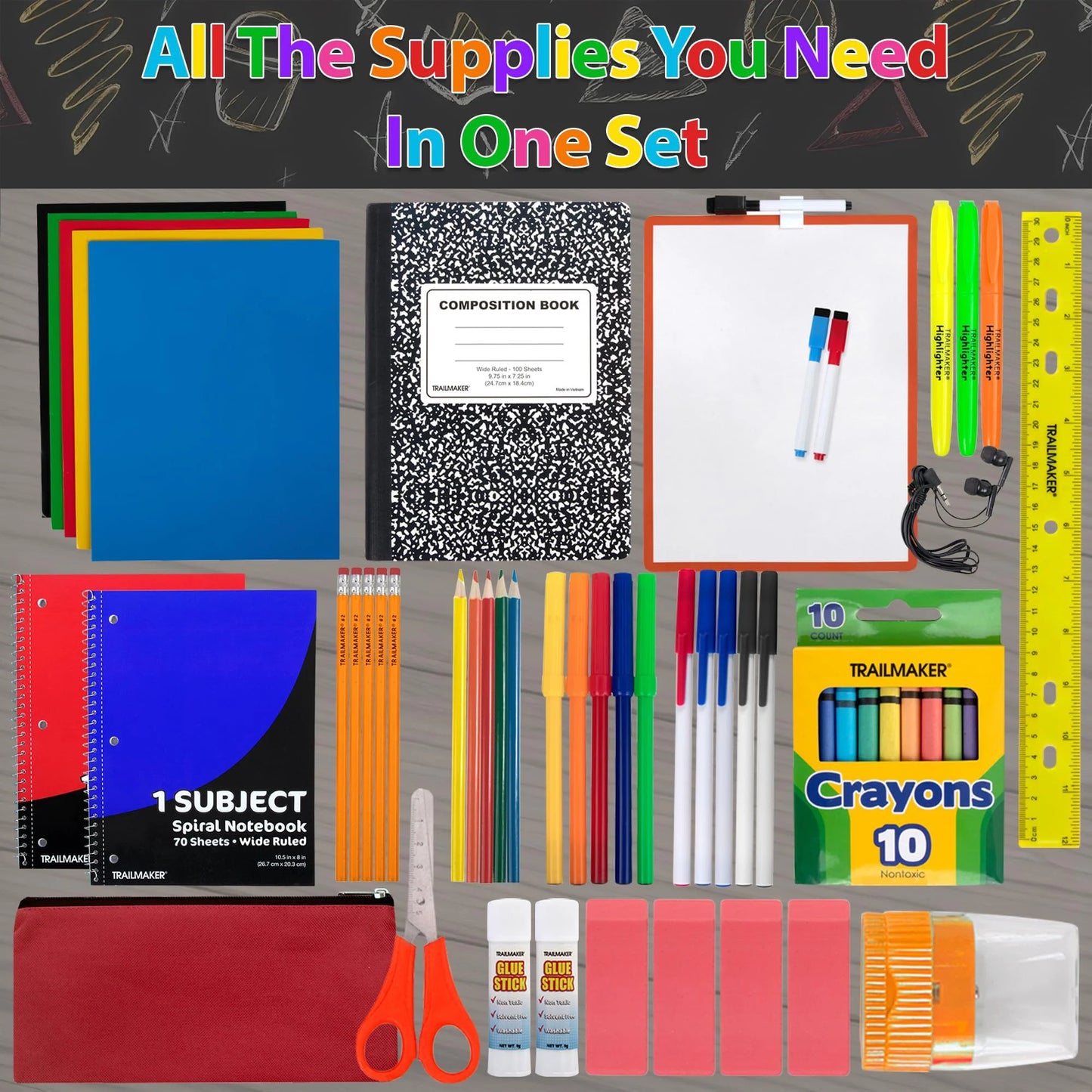 Single 60 Piece Stationary Supplies Kit Containing Spiral Notebooks, Composition Notebook, Folders, Dry Erase Board, Dry Erase Markers, No. 2 Pencils, Pens, Erasers, Markers & More!