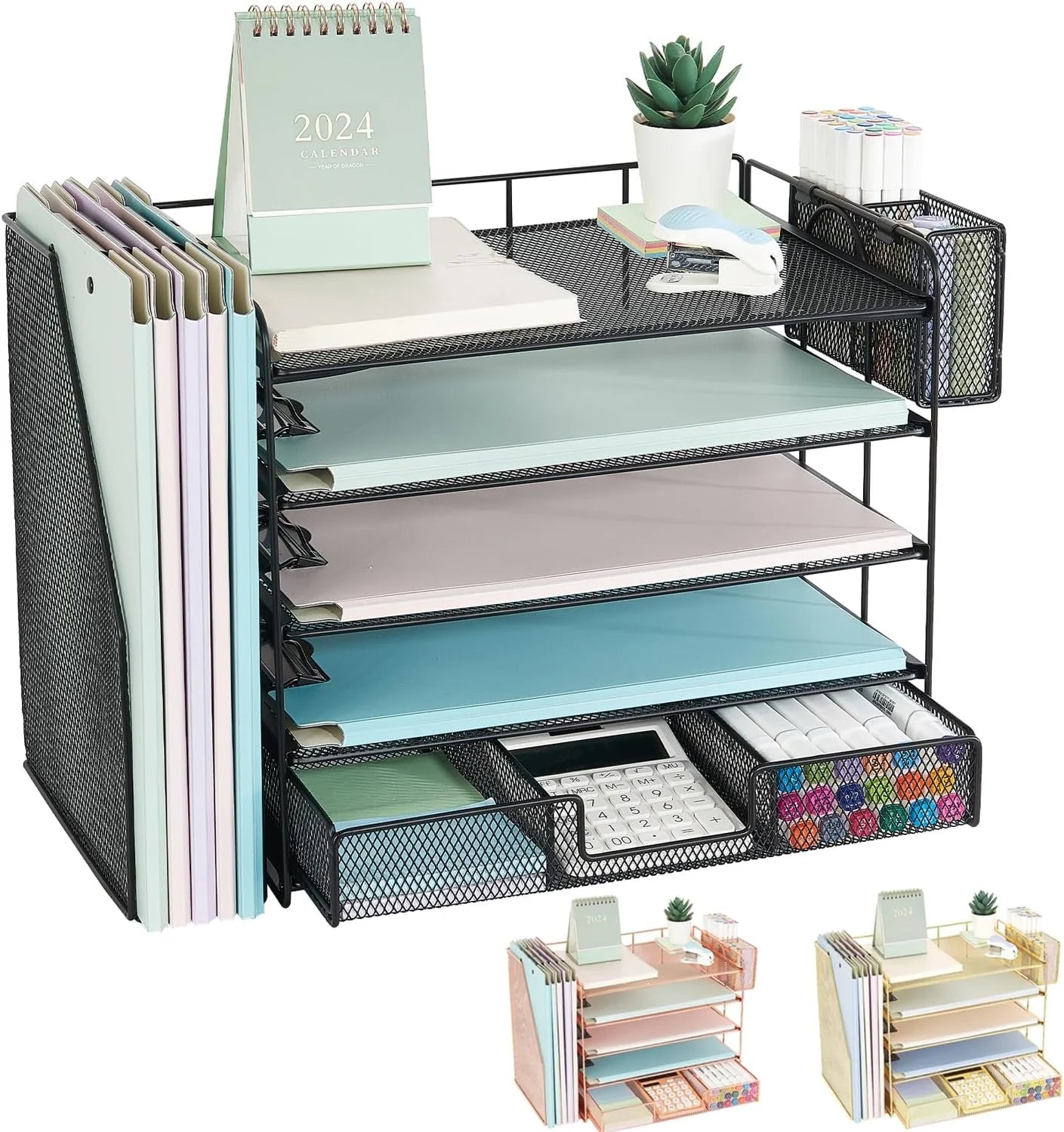 Desktop Organizer, 3 Drawer Jewelry Organizer with Pen Holders, Rose Gold, for Office Supplies and Skincare