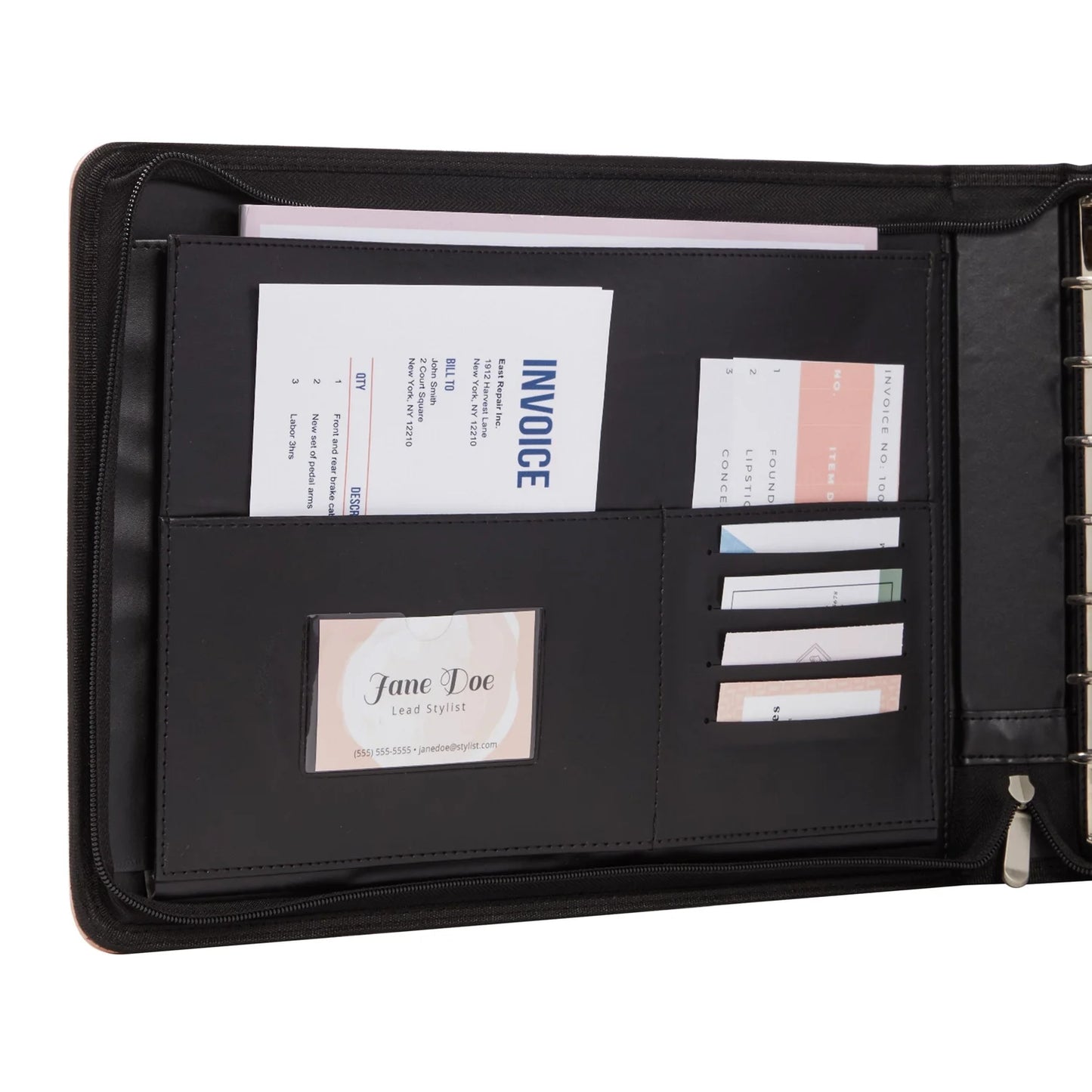 7-Ring Business Check Binder with Zipper for Checkbooks Organization, Rose Gold Zippered Portfolio Organizer, Professional PU Leather Folder Holder for Documents, Cards (15X12 In)