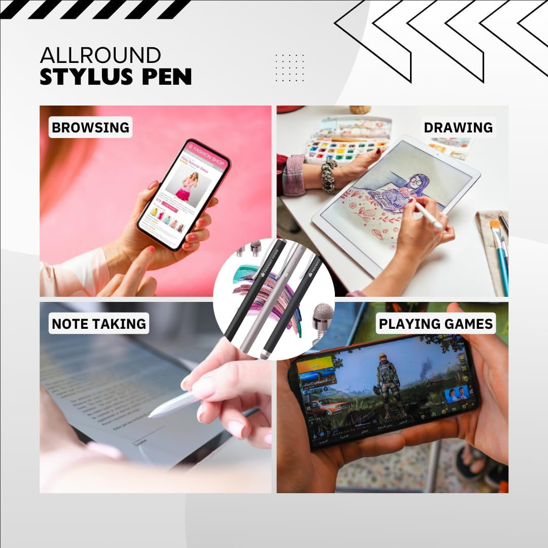 Mesh Tip Stylus Pen for Touchscreen — 3-Pack Micro-Knit Capacitive Stylus Pen for Ipad & Iphone with 3 Replaceable Fiber Tips, Elastic Lanyards & Screen Cleaning Cloth