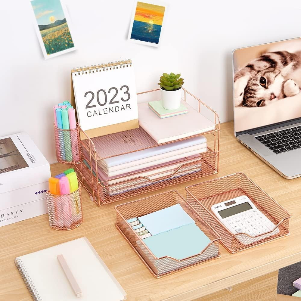 Desktop Organizer, 3 Drawer Jewelry Organizer with Pen Holders, Rose Gold, for Office Supplies and Skincare