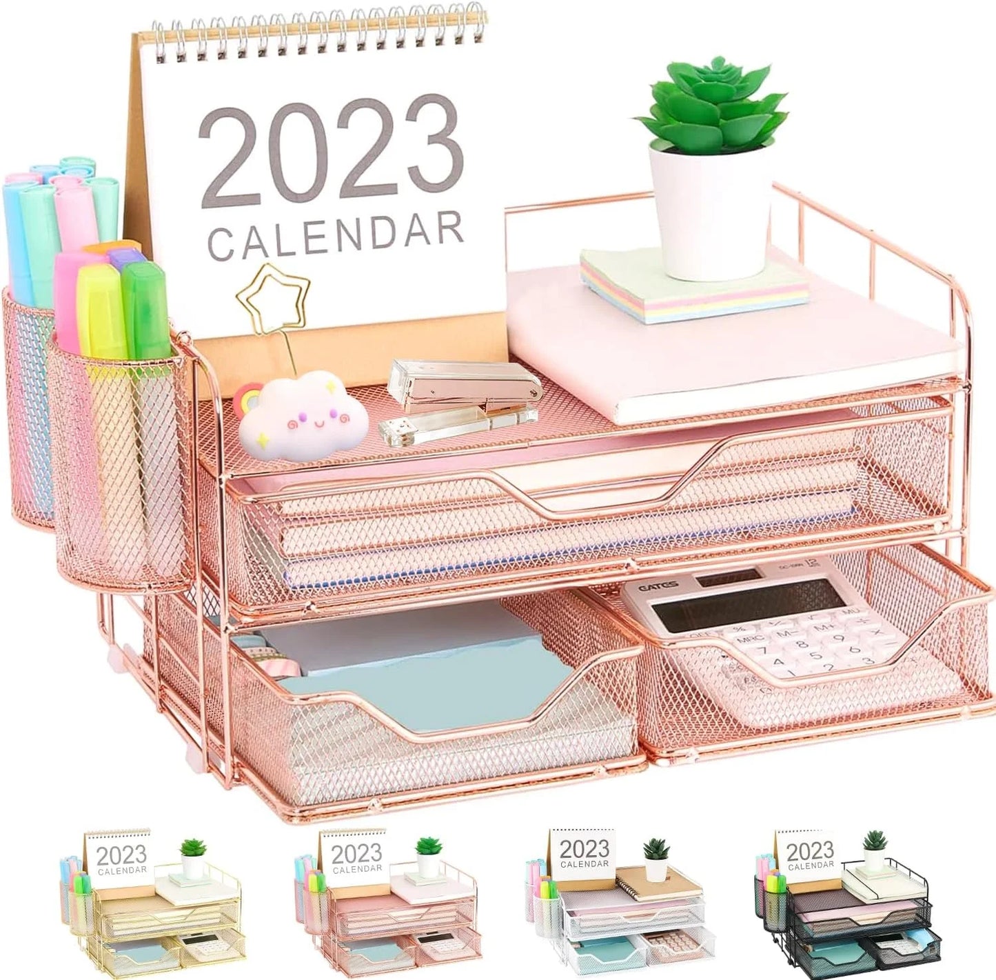 Desktop Organizer, 3 Drawer Jewelry Organizer with Pen Holders, Rose Gold, for Office Supplies and Skincare