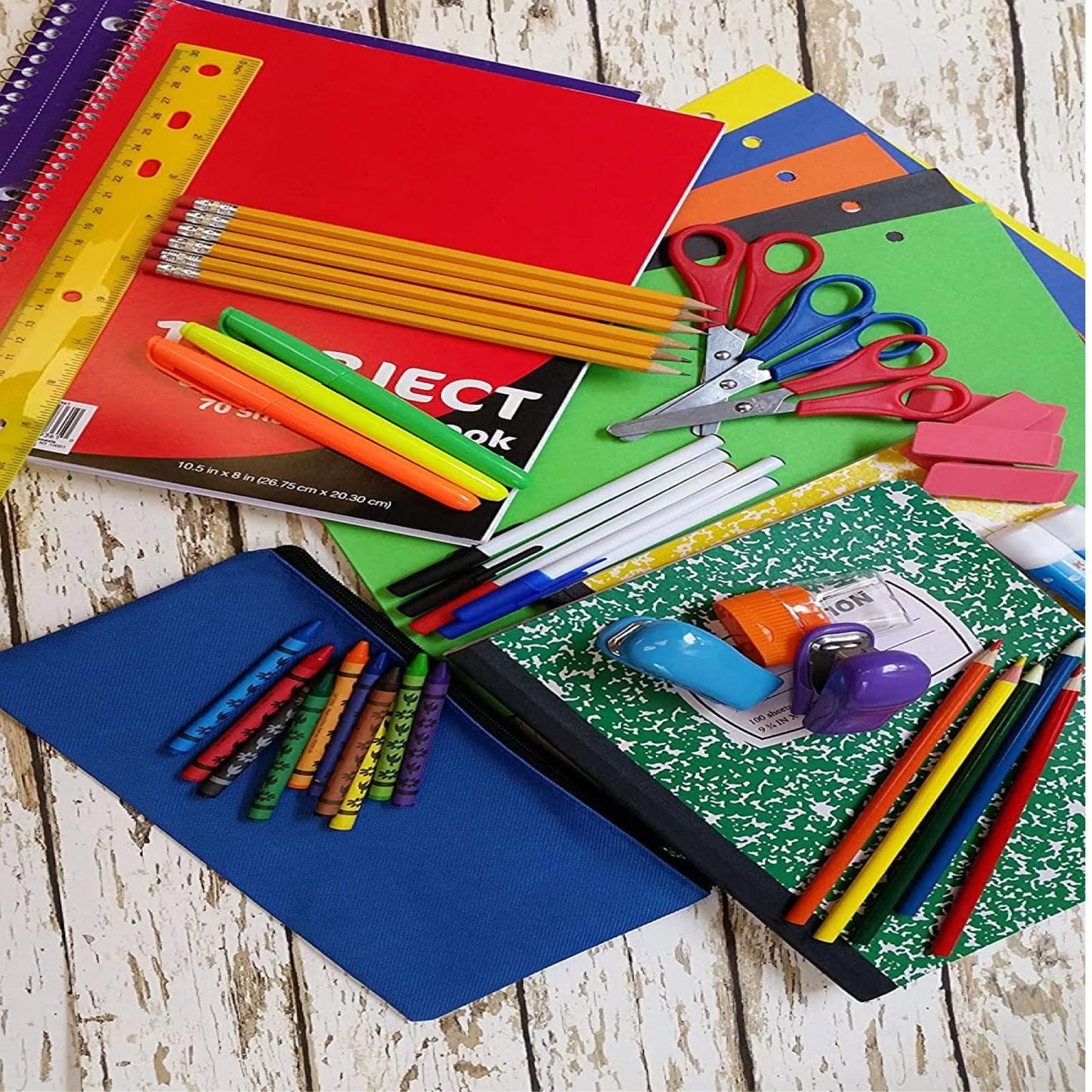 Single 60 Piece Stationary Supplies Kit Containing Spiral Notebooks, Composition Notebook, Folders, Dry Erase Board, Dry Erase Markers, No. 2 Pencils, Pens, Erasers, Markers & More!