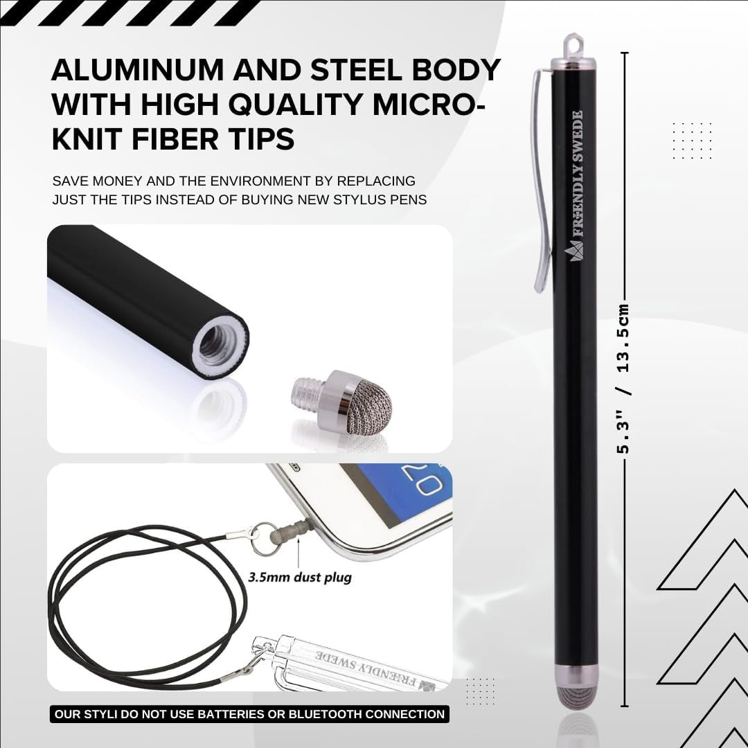 Mesh Tip Stylus Pen for Touchscreen — 3-Pack Micro-Knit Capacitive Stylus Pen for Ipad & Iphone with 3 Replaceable Fiber Tips, Elastic Lanyards & Screen Cleaning Cloth