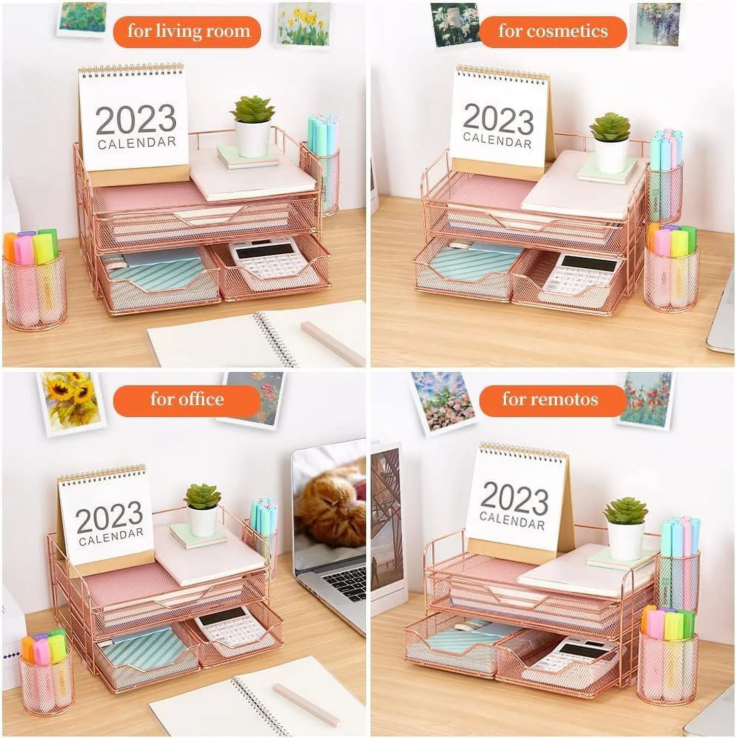 Desktop Organizer, 3 Drawer Jewelry Organizer with Pen Holders, Rose Gold, for Office Supplies and Skincare