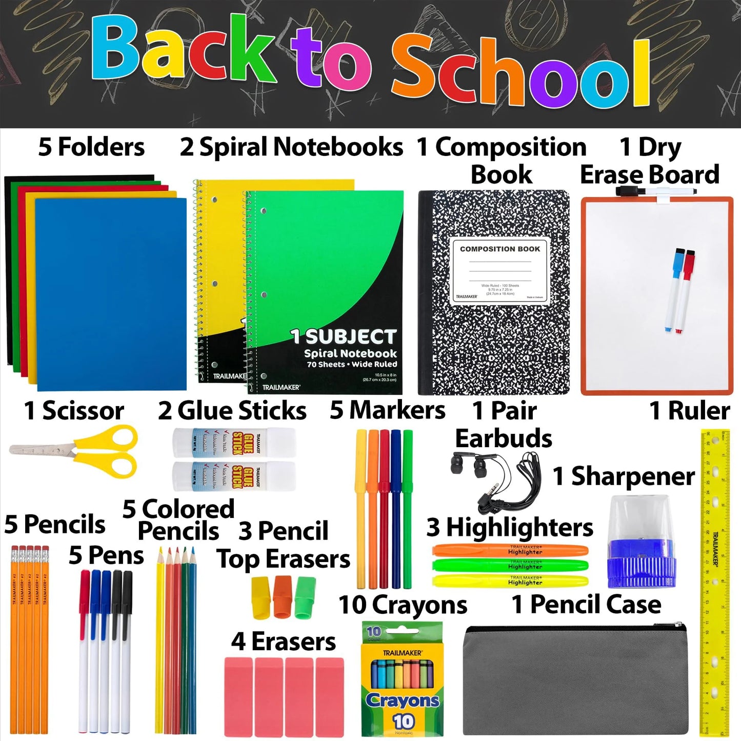 Single 60 Piece Stationary Supplies Kit Containing Spiral Notebooks, Composition Notebook, Folders, Dry Erase Board, Dry Erase Markers, No. 2 Pencils, Pens, Erasers, Markers & More!
