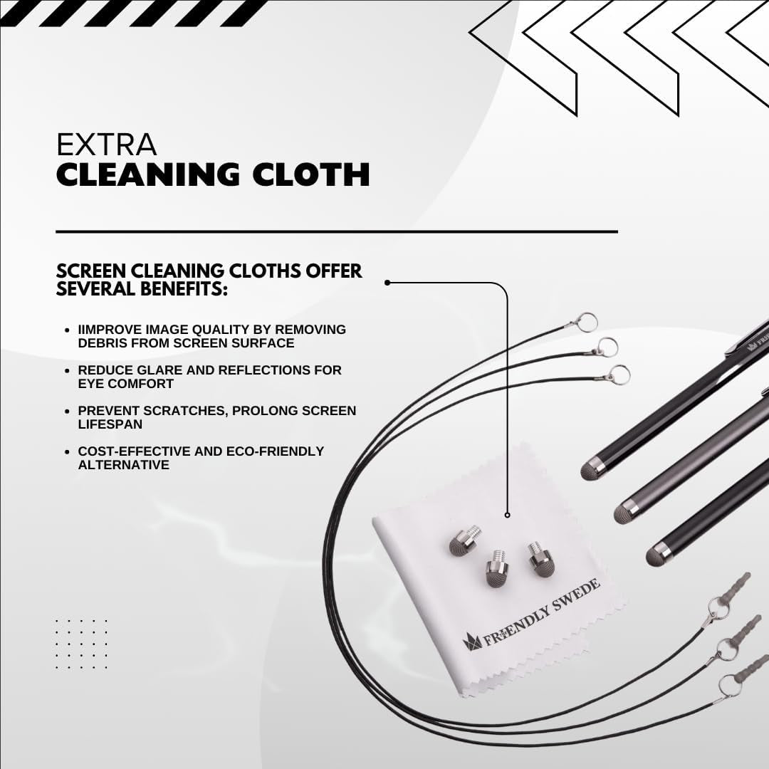 Mesh Tip Stylus Pen for Touchscreen — 3-Pack Micro-Knit Capacitive Stylus Pen for Ipad & Iphone with 3 Replaceable Fiber Tips, Elastic Lanyards & Screen Cleaning Cloth