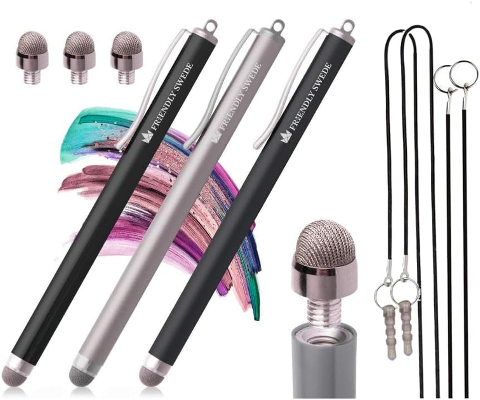 Mesh Tip Stylus Pen for Touchscreen — 3-Pack Micro-Knit Capacitive Stylus Pen for Ipad & Iphone with 3 Replaceable Fiber Tips, Elastic Lanyards & Screen Cleaning Cloth