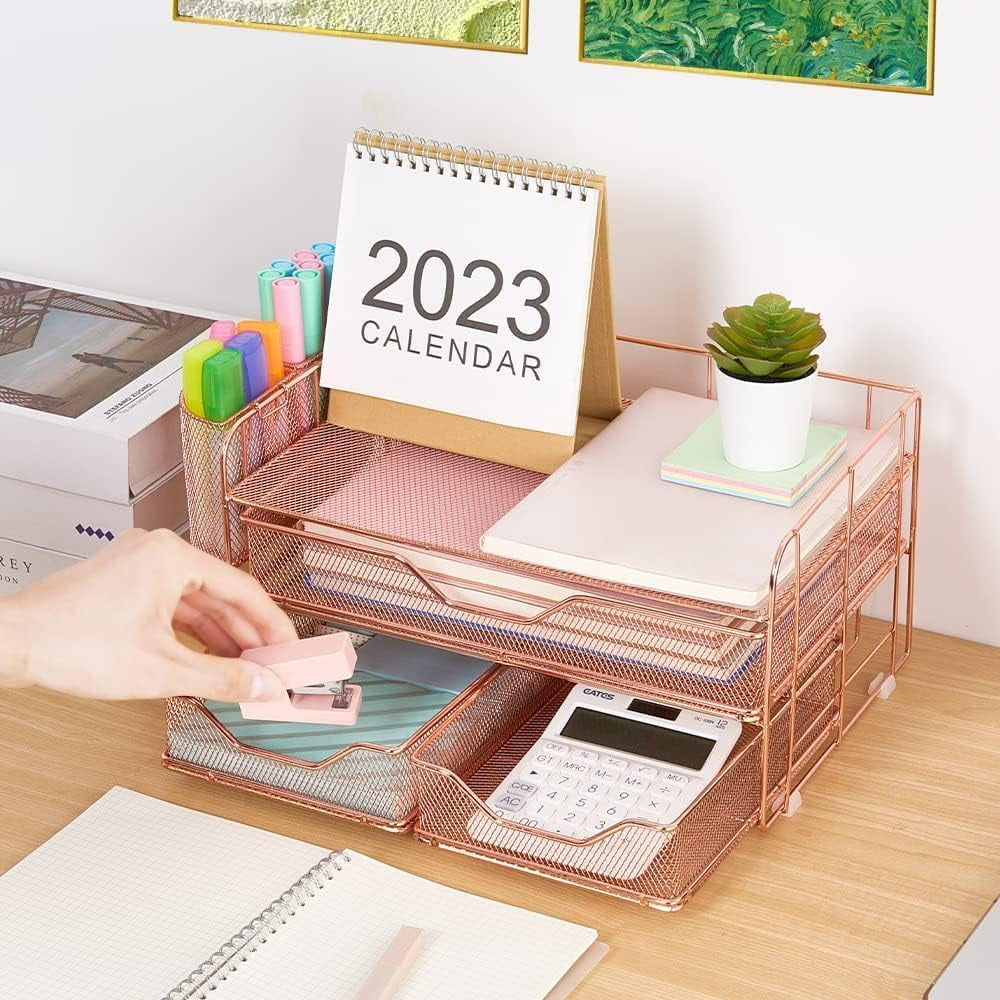 Desktop Organizer, 3 Drawer Jewelry Organizer with Pen Holders, Rose Gold, for Office Supplies and Skincare