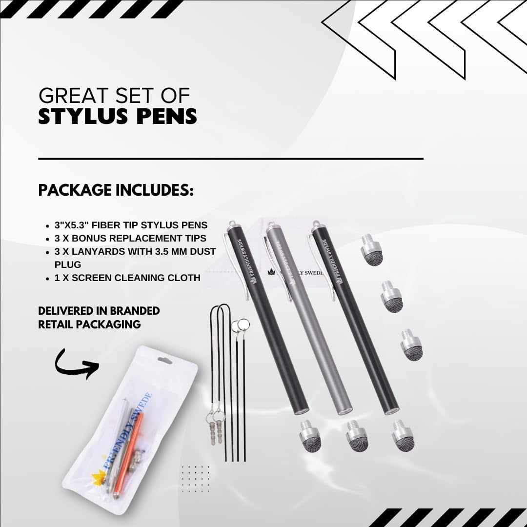 Mesh Tip Stylus Pen for Touchscreen — 3-Pack Micro-Knit Capacitive Stylus Pen for Ipad & Iphone with 3 Replaceable Fiber Tips, Elastic Lanyards & Screen Cleaning Cloth