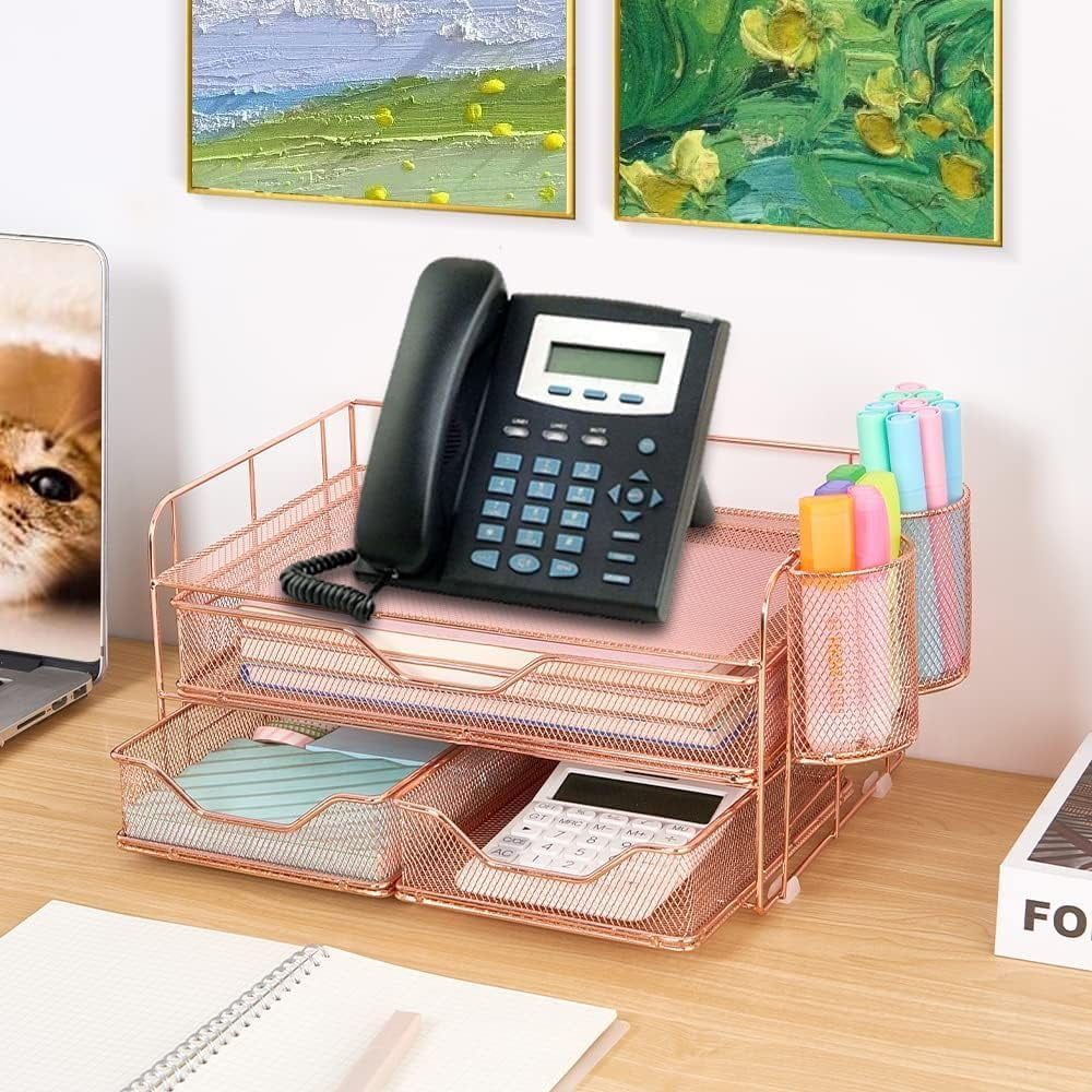 Desktop Organizer, 3 Drawer Jewelry Organizer with Pen Holders, Rose Gold, for Office Supplies and Skincare