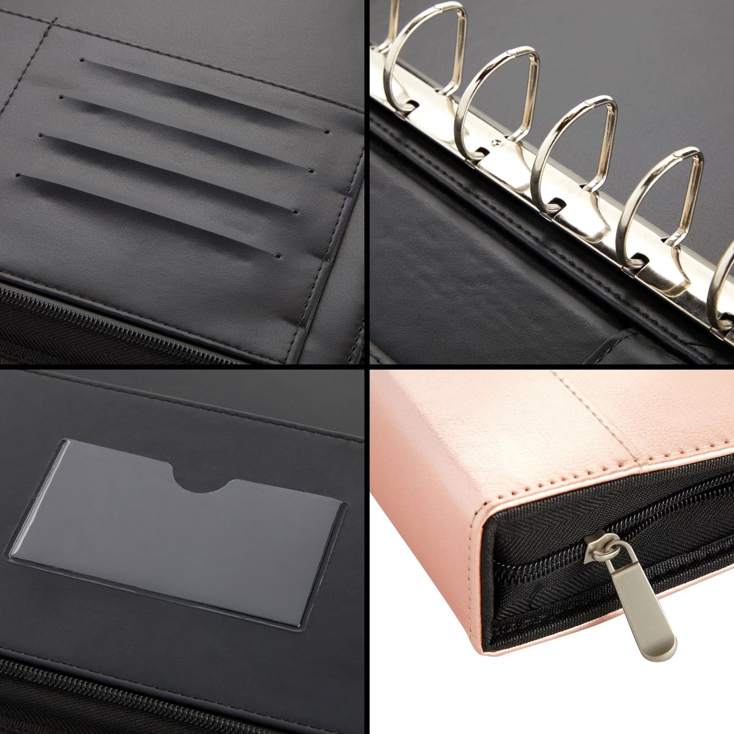 7-Ring Business Check Binder with Zipper for Checkbooks Organization, Rose Gold Zippered Portfolio Organizer, Professional PU Leather Folder Holder for Documents, Cards (15X12 In)