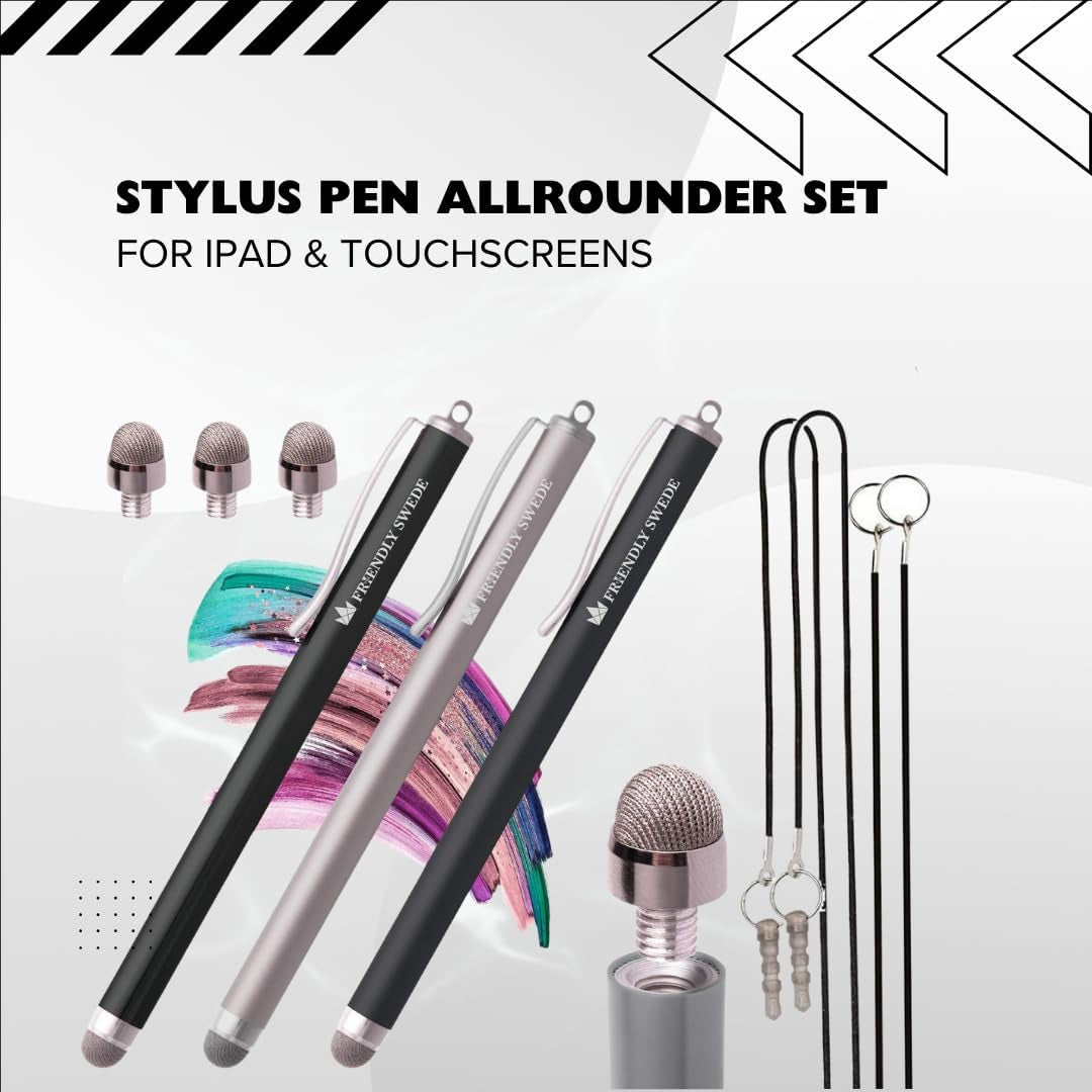 Mesh Tip Stylus Pen for Touchscreen — 3-Pack Micro-Knit Capacitive Stylus Pen for Ipad & Iphone with 3 Replaceable Fiber Tips, Elastic Lanyards & Screen Cleaning Cloth