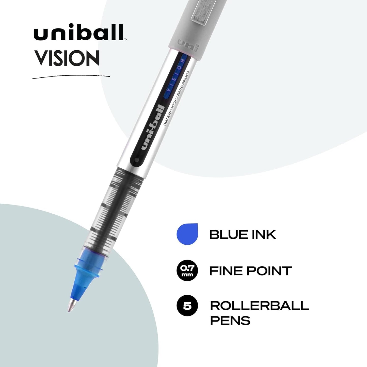 Uniball Vision Rollerball Pens, Fine Point (0.7Mm), Blue, 5 Pack