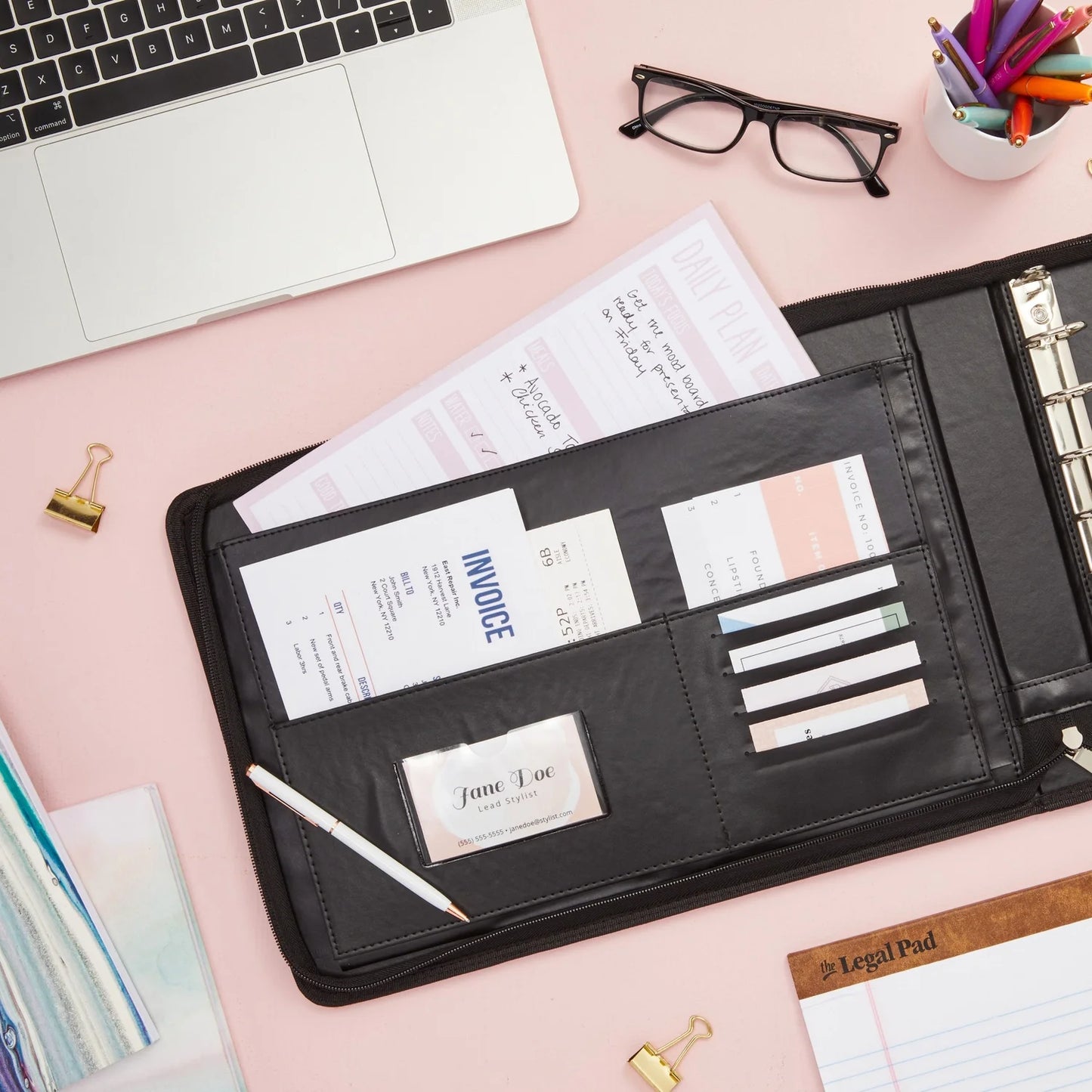 7-Ring Business Check Binder with Zipper for Checkbooks Organization, Rose Gold Zippered Portfolio Organizer, Professional PU Leather Folder Holder for Documents, Cards (15X12 In)