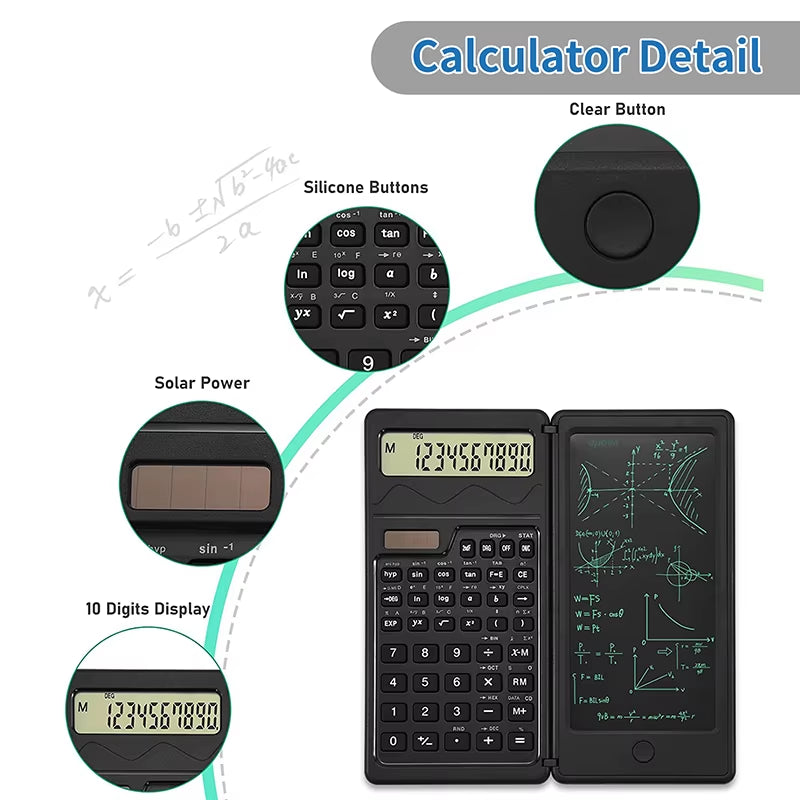 Solar Powered Scientific Calculator & 6 Inch Writing Tablet Foldable 10 Digit LCD Display for Office Student Teachers Accountant