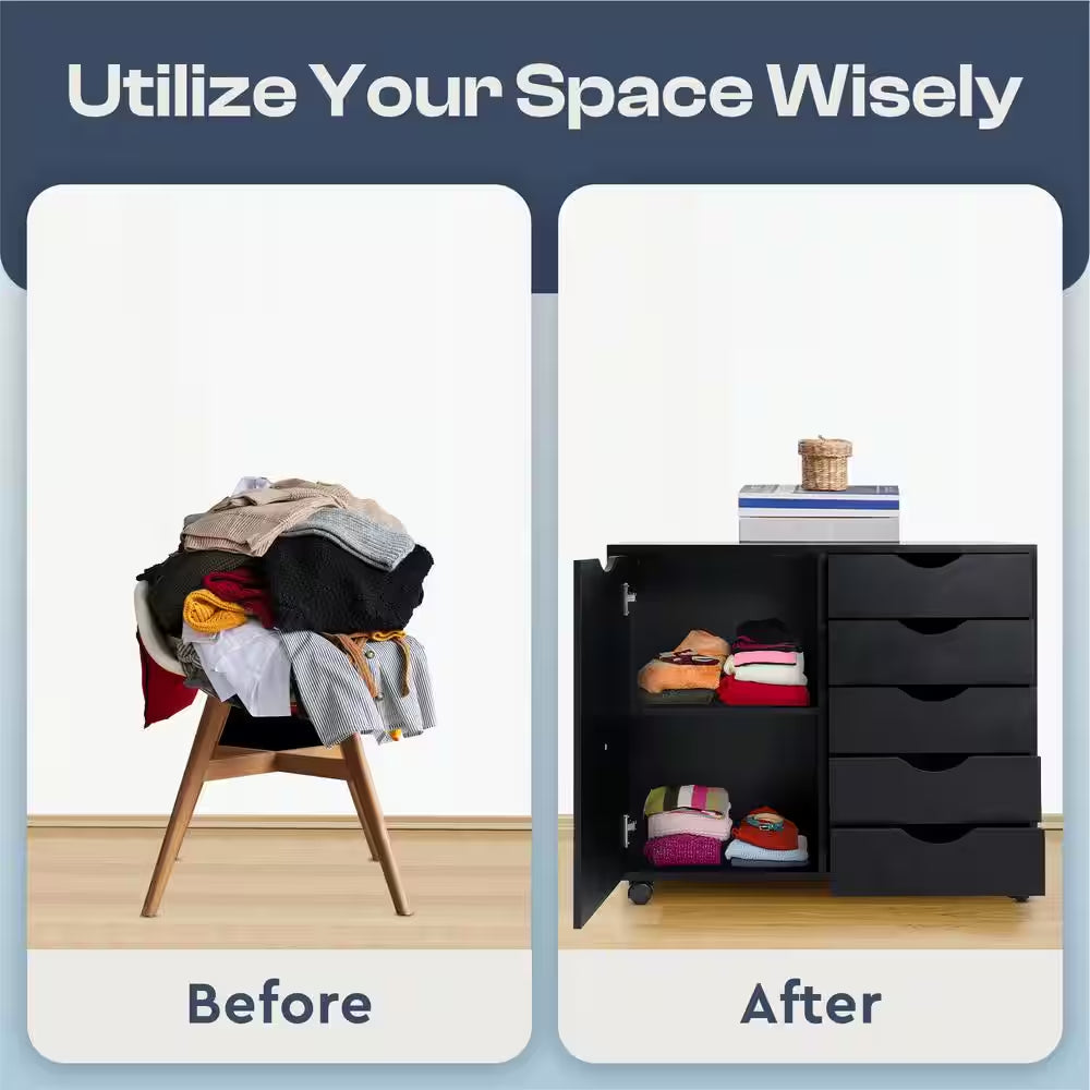 Black, 5-Drawer with Shelf, Office File Cabinets Wooden File Cabinets for Home Office Lateral File Cabinet