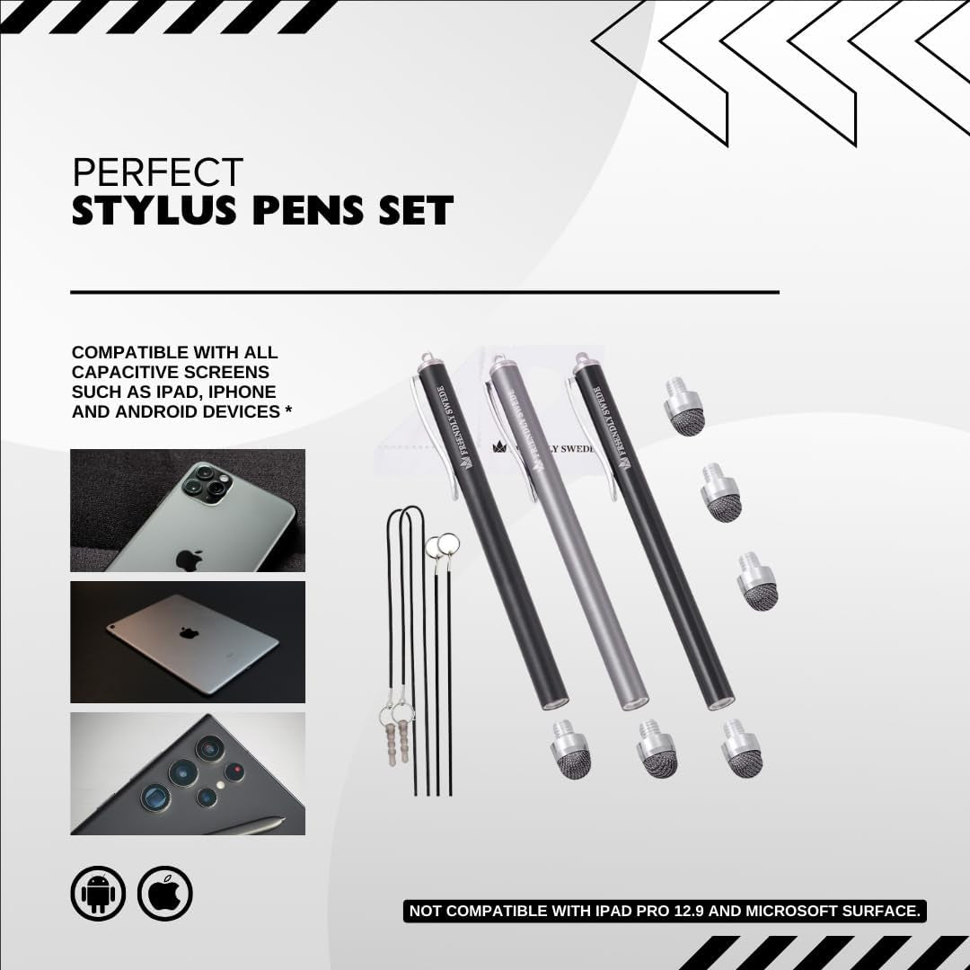 Mesh Tip Stylus Pen for Touchscreen — 3-Pack Micro-Knit Capacitive Stylus Pen for Ipad & Iphone with 3 Replaceable Fiber Tips, Elastic Lanyards & Screen Cleaning Cloth