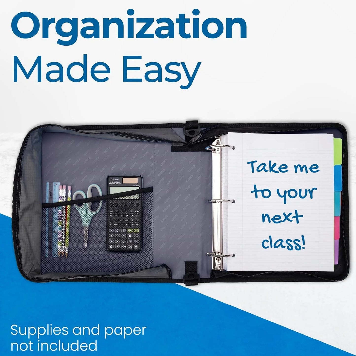 the Classic Zipper Binder - 2 Inch O-Rings - Multiple Pockets - 350 Sheet Capacity - Comes with Shoulder Strap - Midnight Blue D-251