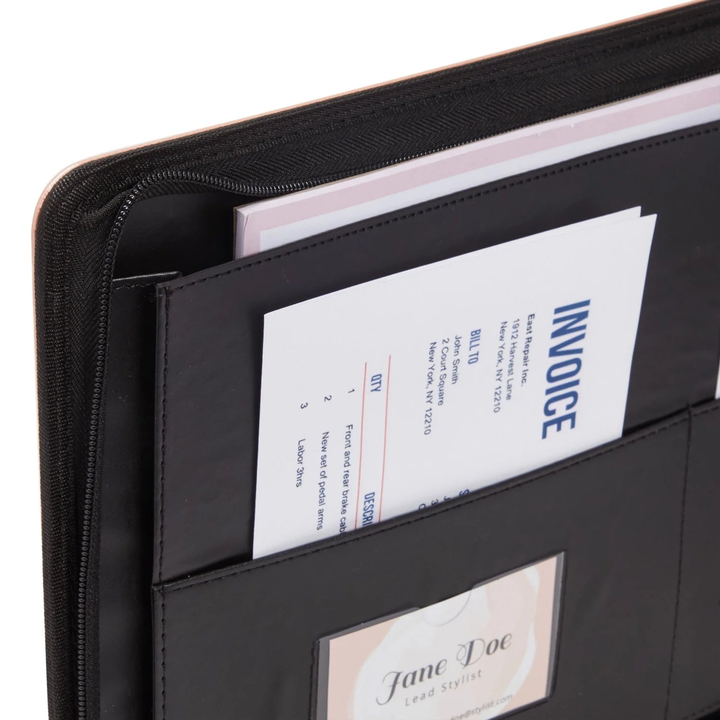 7-Ring Business Check Binder with Zipper for Checkbooks Organization, Rose Gold Zippered Portfolio Organizer, Professional PU Leather Folder Holder for Documents, Cards (15X12 In)