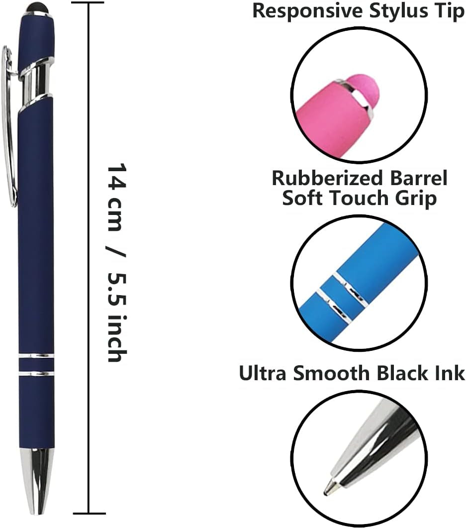 Ballpoint Pen with Stylus Tip, Soft Touch Click Metal Pen, 1.0Mm Medium Point, Black Ink, 12 Count(Dark Blue)
