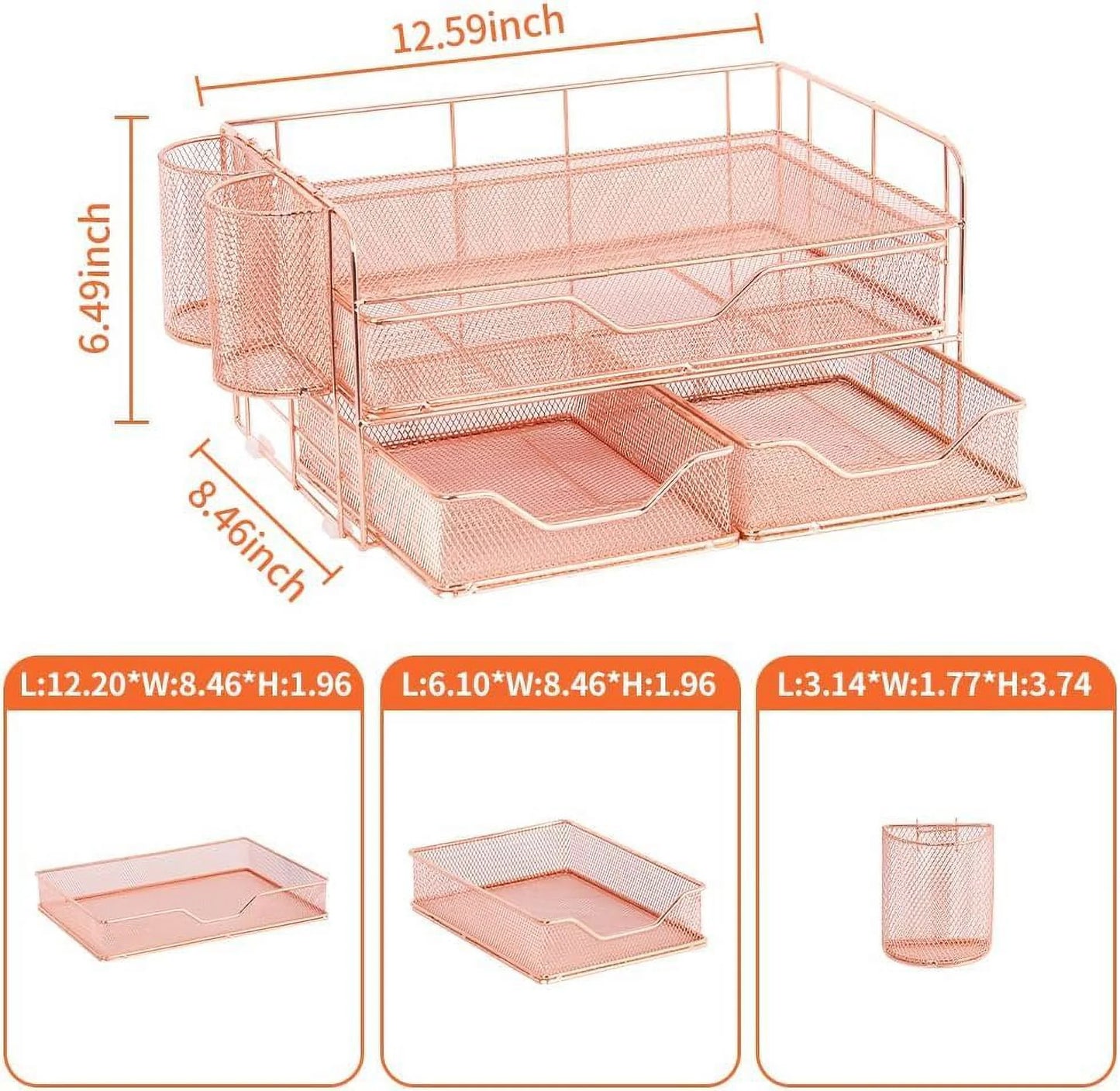 Desktop Organizer, 3 Drawer Jewelry Organizer with Pen Holders, Rose Gold, for Office Supplies and Skincare