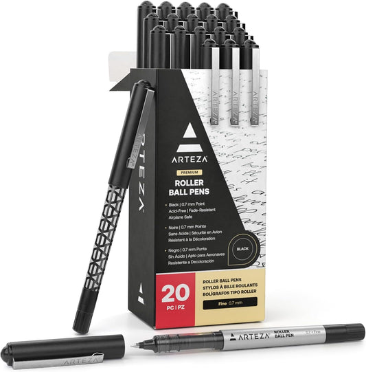 Rollerball Pens, Pack of 20, 0.7Mm Black Liquid Ink Pens, Office Supplies for Bullet Journaling, Fine Point Rollerball for Writing, Taking Notes & Sketching