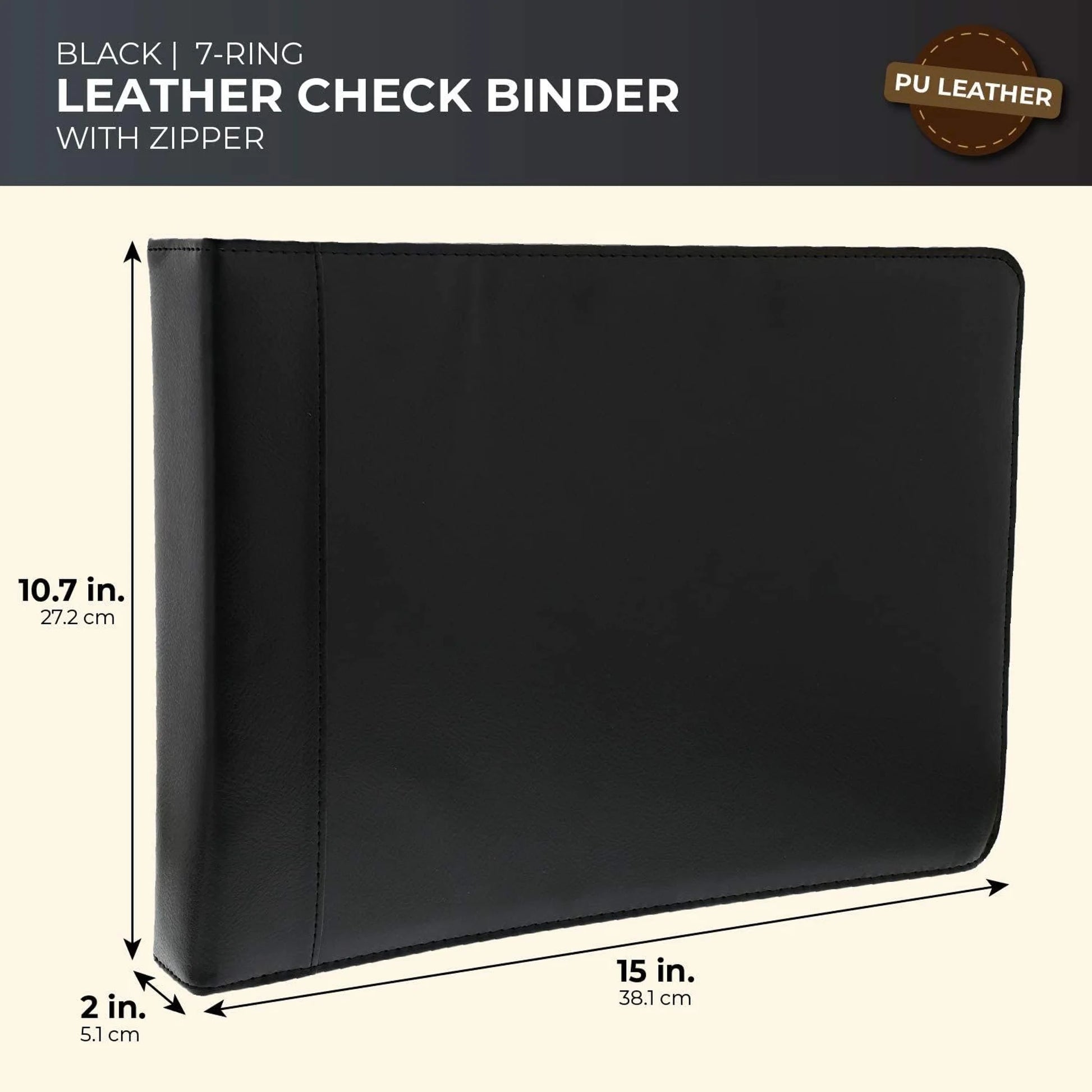 7 Ring Business Check Binder with Zipper for Checkbooks Organization, Black Zippered Portfolio Organizer, Professional PU Leather Folder Holder for Documents, Cards (15X12 In)