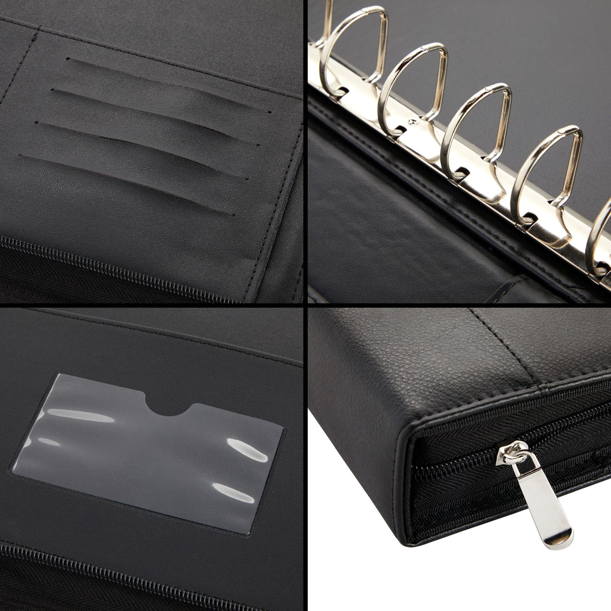7 Ring Business Check Binder with Zipper for Checkbooks Organization, Black Zippered Portfolio Organizer, Professional PU Leather Folder Holder for Documents, Cards (15X12 In)