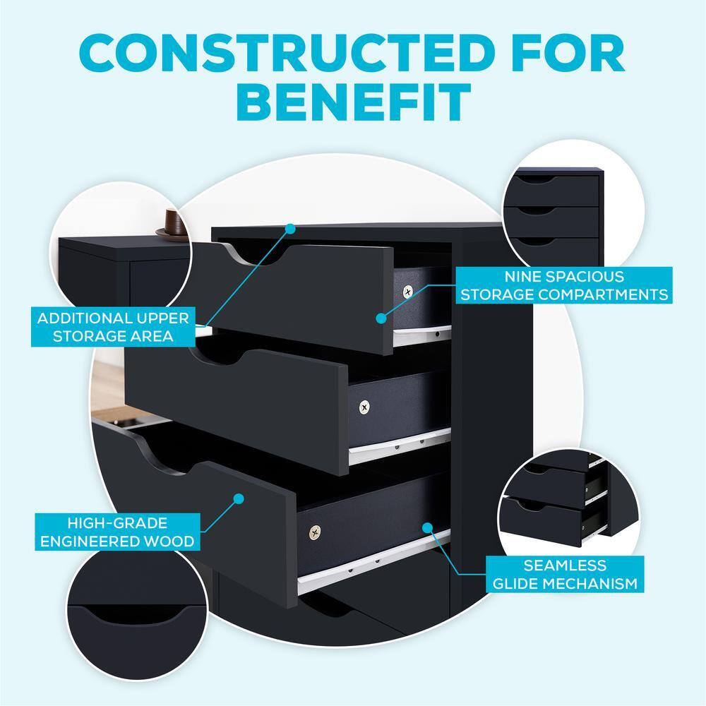 Black, 9-Drawer with Shelf, Office File Cabinets Wooden File Cabinets for Home Office Lateral File Cabinet