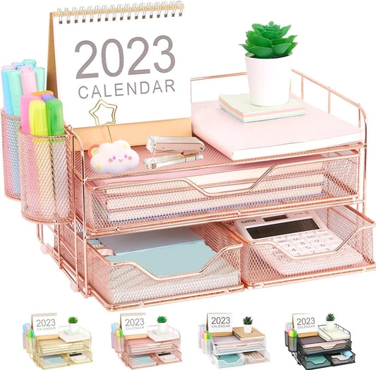 Desktop Organizer, 3 Drawer Jewelry Organizer with Pen Holders, Rose Gold, for Office Supplies and Skincare