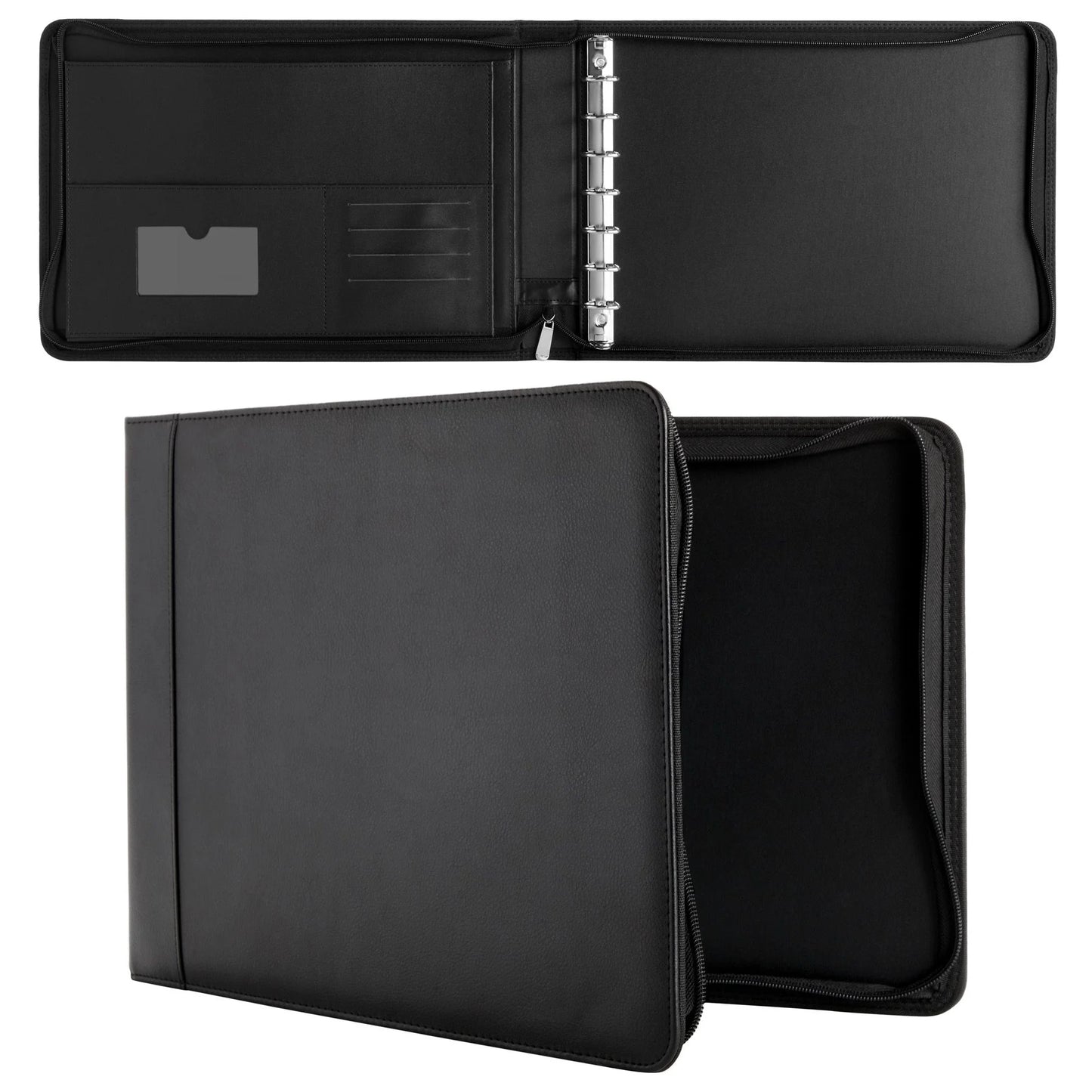 7 Ring Business Check Binder with Zipper for Checkbooks Organization, Black Zippered Portfolio Organizer, Professional PU Leather Folder Holder for Documents, Cards (15X12 In)