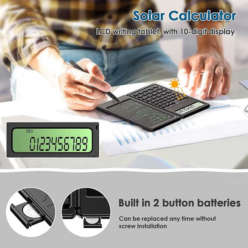 Solar Powered Scientific Calculator & 6 Inch Writing Tablet Foldable 10 Digit LCD Display for Office Student Teachers Accountant