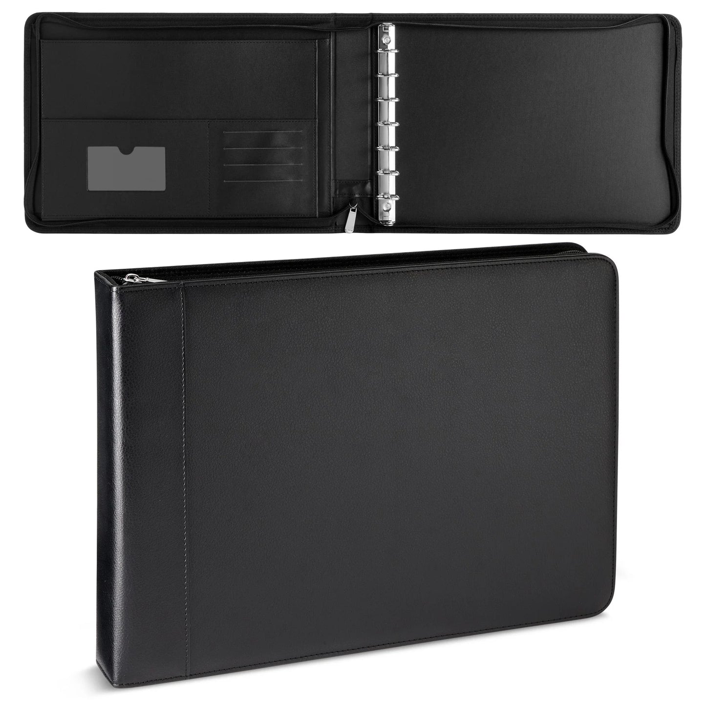 7 Ring Business Check Binder with Zipper for Checkbooks Organization, Black Zippered Portfolio Organizer, Professional PU Leather Folder Holder for Documents, Cards (15X12 In)