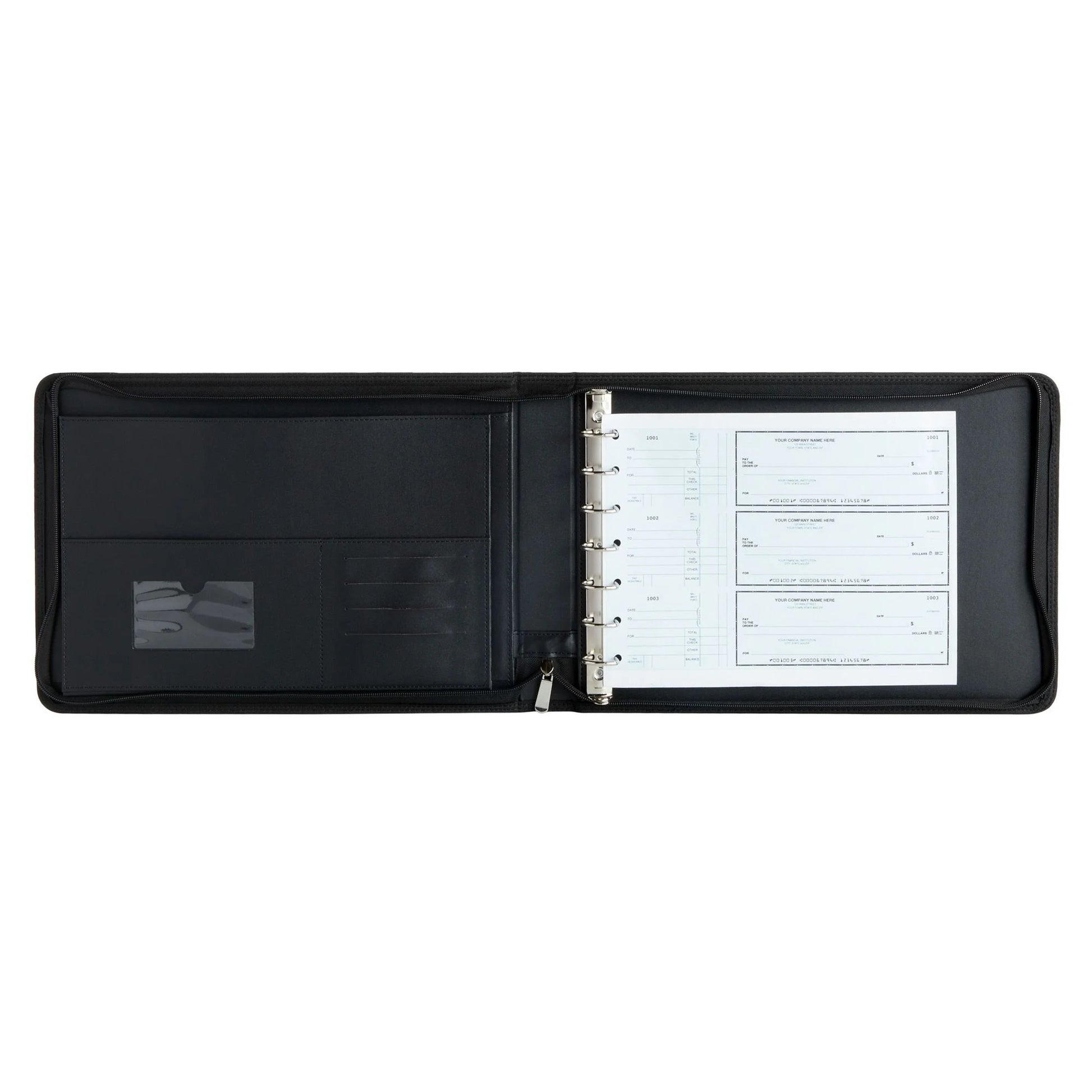 7 Ring Business Check Binder with Zipper for Checkbooks Organization, Black Zippered Portfolio Organizer, Professional PU Leather Folder Holder for Documents, Cards (15X12 In)