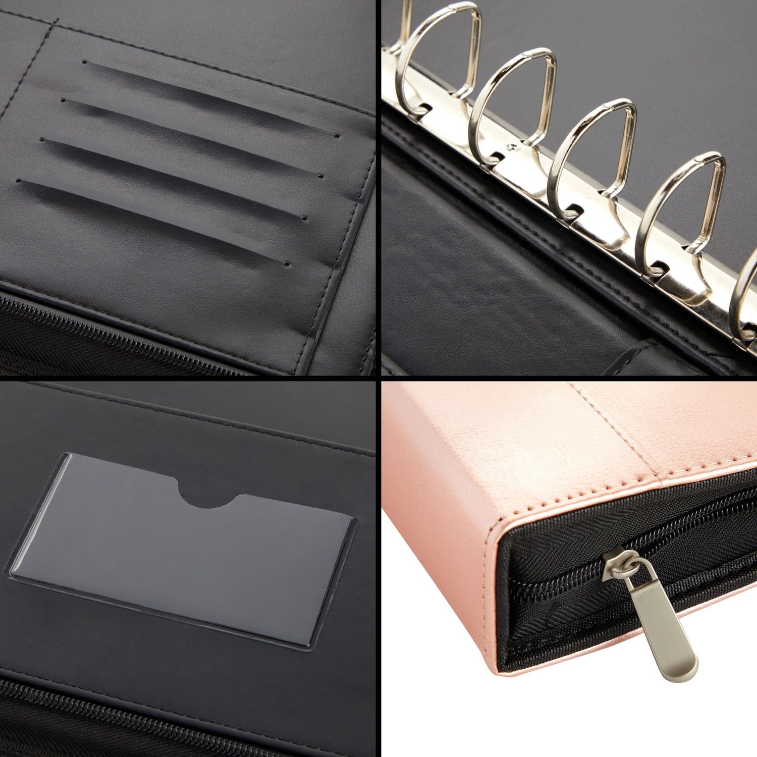 7-Ring Business Check Binder with Zipper for Checkbooks Organization, Rose Gold Zippered Portfolio Organizer, Professional PU Leather Folder Holder for Documents, Cards (15X12 In)