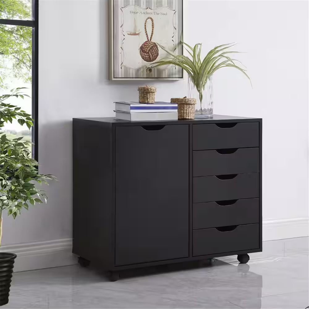 Black, 5-Drawer with Shelf, Office File Cabinets Wooden File Cabinets for Home Office Lateral File Cabinet