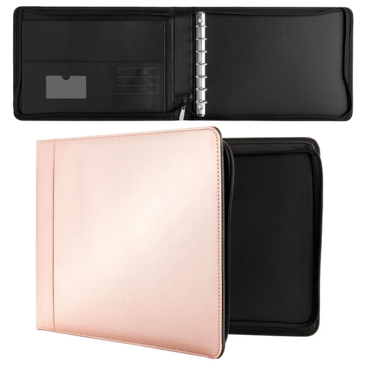 7-Ring Business Check Binder with Zipper for Checkbooks Organization, Rose Gold Zippered Portfolio Organizer, Professional PU Leather Folder Holder for Documents, Cards (15X12 In)