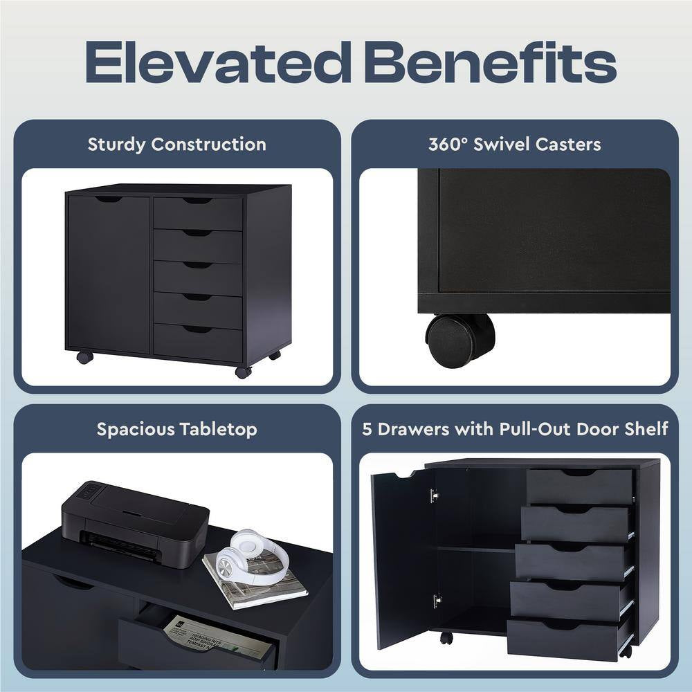 Black, 5-Drawer with Shelf, Office File Cabinets Wooden File Cabinets for Home Office Lateral File Cabinet