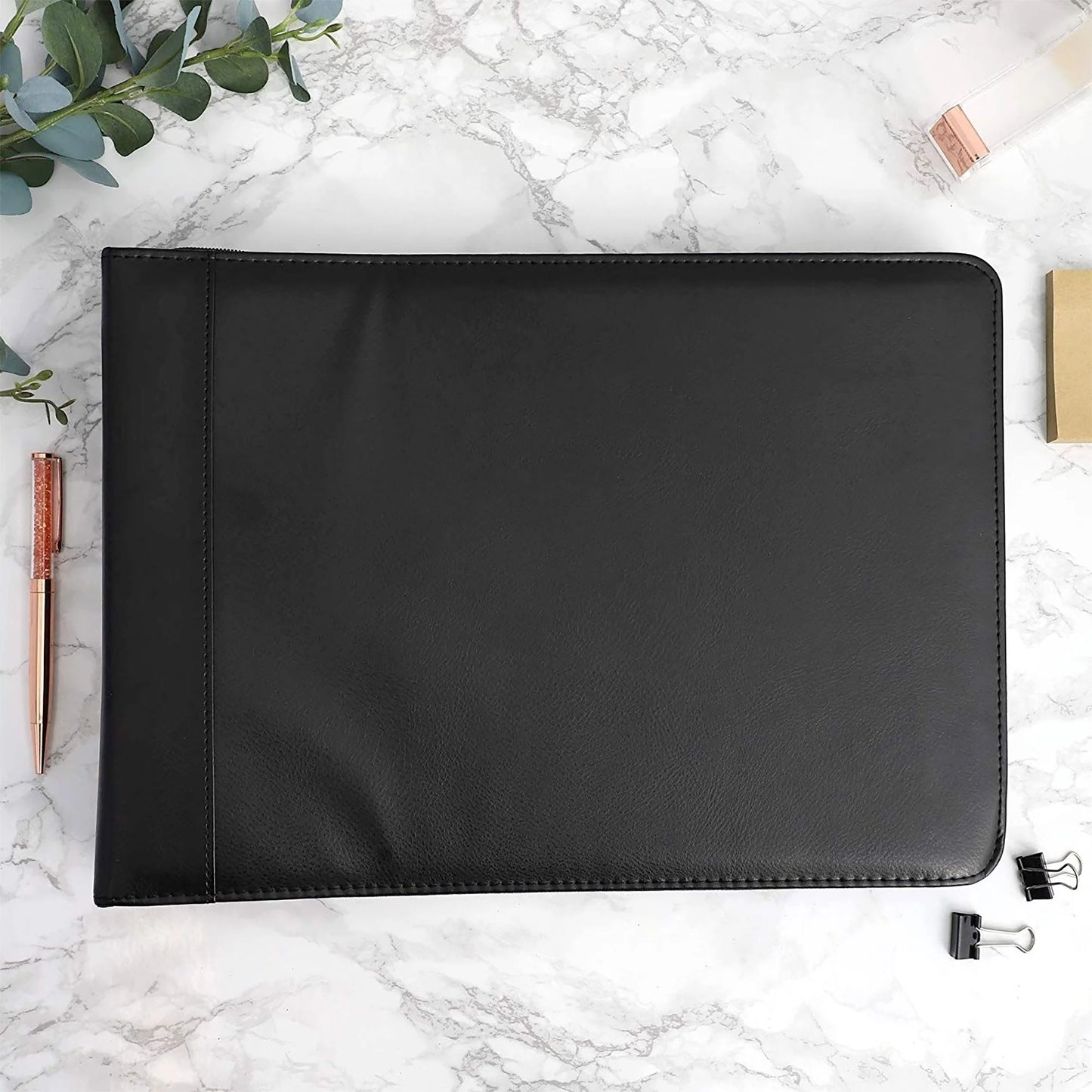 7 Ring Business Check Binder with Zipper for Checkbooks Organization, Black Zippered Portfolio Organizer, Professional PU Leather Folder Holder for Documents, Cards (15X12 In)