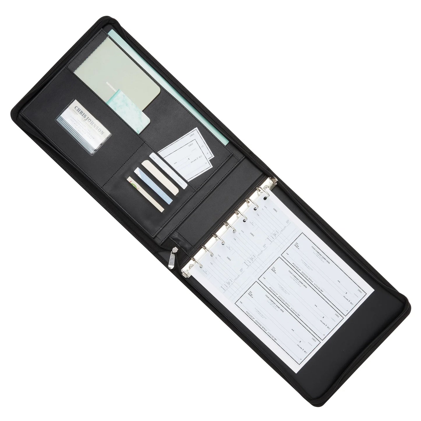 7 Ring Business Check Binder with Zipper for Checkbooks Organization, Black Zippered Portfolio Organizer, Professional PU Leather Folder Holder for Documents, Cards (15X12 In)