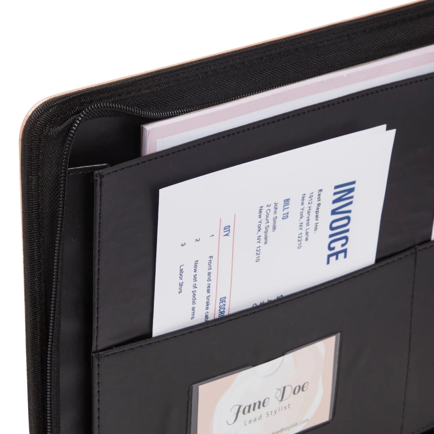 7-Ring Business Check Binder with Zipper for Checkbooks Organization, Rose Gold Zippered Portfolio Organizer, Professional PU Leather Folder Holder for Documents, Cards (15X12 In)