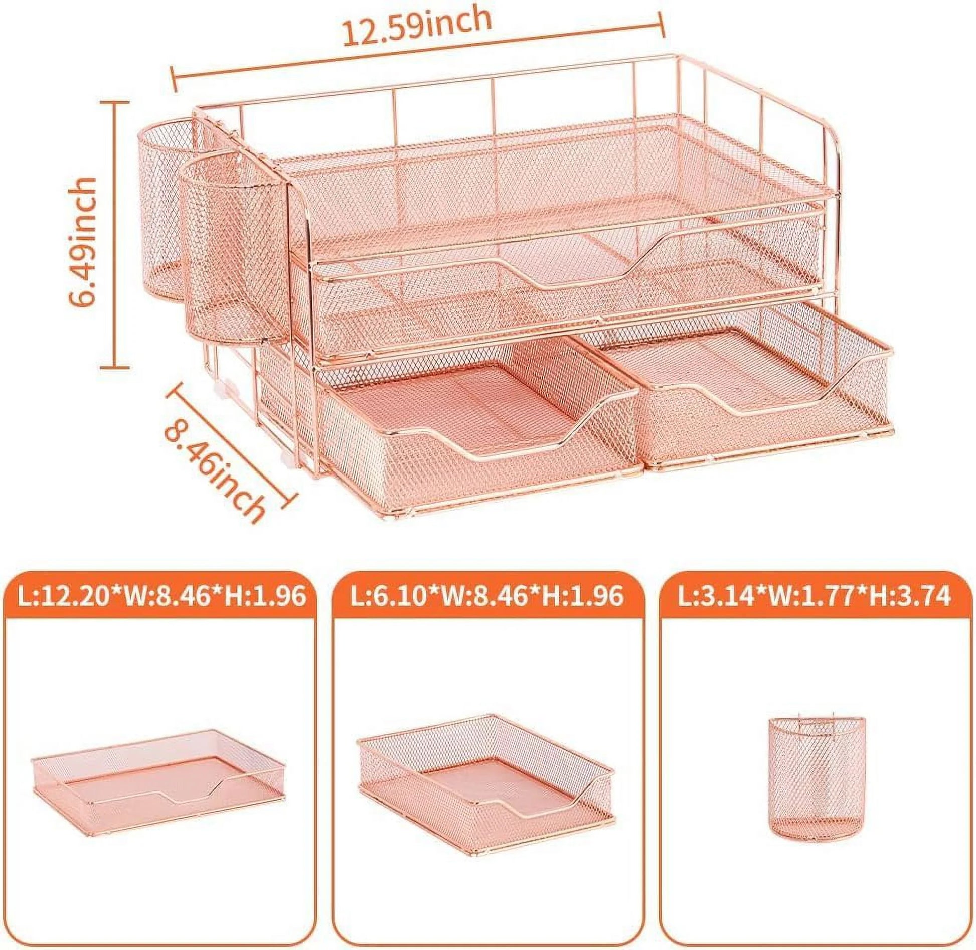 Desktop Organizer, 3 Drawer Jewelry Organizer with Pen Holders, Rose Gold, for Office Supplies and Skincare